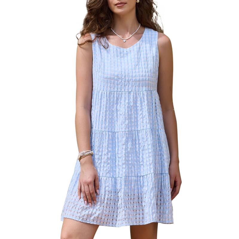 インスパイア シック レディース トップス ワンピース ティアード ギンガムチェック ノースリーブ ギンガム INSPIRE CHIC Gingham Dress for Women Sundressleeveless Plaid Flowy Swing Tiered Short Dresses Light Blue ブルー|ReVida 店