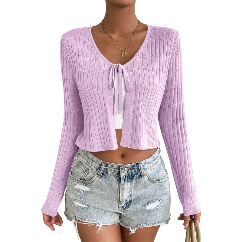 セオリア レディース アウター ニット・セーター カーディガン クロップド Seoria Women's Long Sleeve Knit Cropped Cardigan Tie Up Shrug Top Light Purple パープル｜ReVida 店