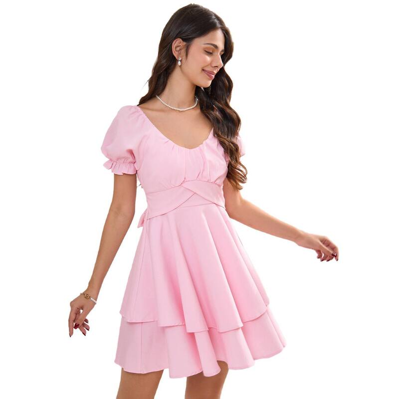 セオリア レディース トップス ワンピース Vネック フリル ミニ Seoria Women Mini Summer Dresshort Sleeve V Neck Ruffled Irregular Hem Sundress Pink ピンク｜ReVida 店