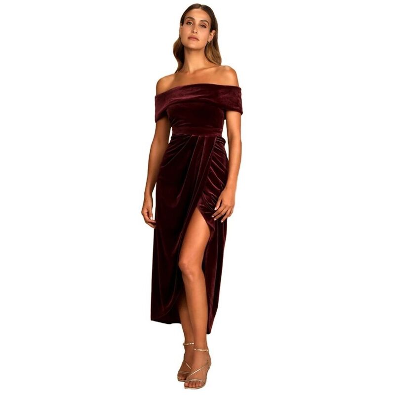 セオリア レディース トップス ワンピース ギャザー ストラップレス Seoria Women Cocktail Dresses Elegant Straplesshoulder Short Sleeve Side Split Bodycon Ruchedress Claret｜ReVida 店