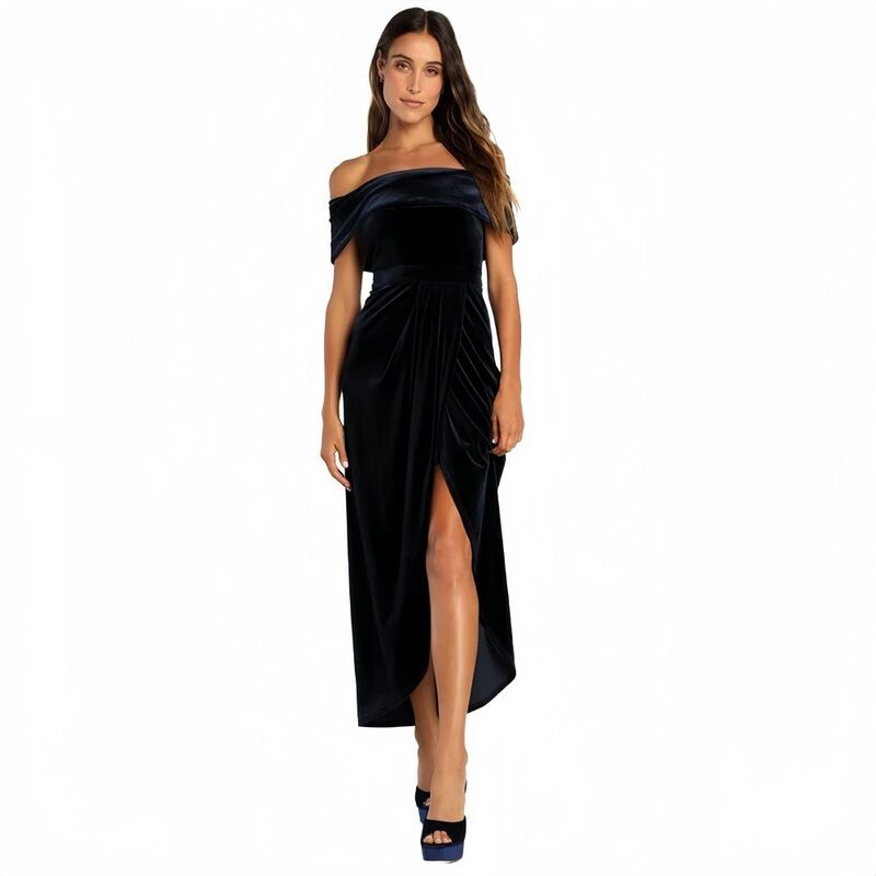 セオリア レディース トップス ワンピース ギャザー ストラップレス Seoria Women Cocktail Dresses Elegant Straplesshoulder Short Sleeve Side Split Bodycon Ruchedress Navy ネイビー｜ReVida 店