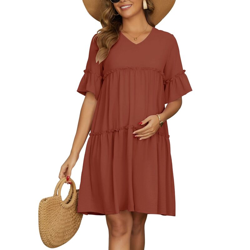 インスパイア シック レディース トップス ワンピース Vネック ティアード フリル マタニティ INSPIRE CHIC Women\'s Maternity Dress Babydoll Bohemian Tiered Ruffled Bell Sleeve V Neck Boho Pregnancy Dresses Brown ブラウン｜ReVida 店