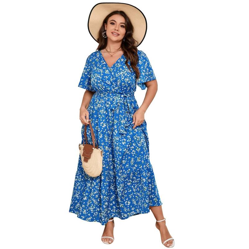 セオリア レディース トップス ワンピース Vネック ハイウエスト プラスサイズ フリル マキシ Seoria Women Plusize V Neck Ruffle Maxi Dressummer Short Sleeves High Waist Wrap Dress with Belt Royal Blue ブルー｜ReVida 店