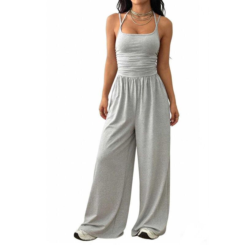 エリートスピリット レディース トップス ワンピース ワイドレッグ ギャザー ノースリーブ ジャンプスーツ ホルター EliteSpirit Women'sleeveless Halter Wide Leg Jumpsuit Solid Coloruched Waist Office Jumpsuit Gray グレー|ReVida 店