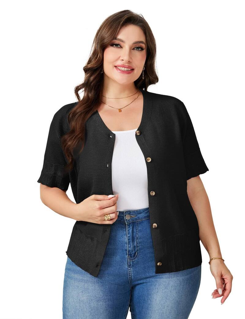 エリートスピリット レディース アウター ニット・セーター Vネック プラスサイズ カーディガン EliteSpirit Women's Plusize V-Neck Short Sleeve Knit Cardigan Single Breasted Scallopedge Sweater Black ブラック｜ReVida 店