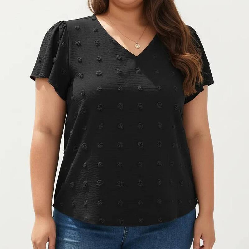アンナカシ レディース トップス プルオーバー Vのど首 足し加える大きさ トップ Anna-Kaci Women\u0027s Plusize Short Sleeve V Neck Blouse with Textured Swiss Dot Fabric Lightweight Woven Top Black 黒いこと