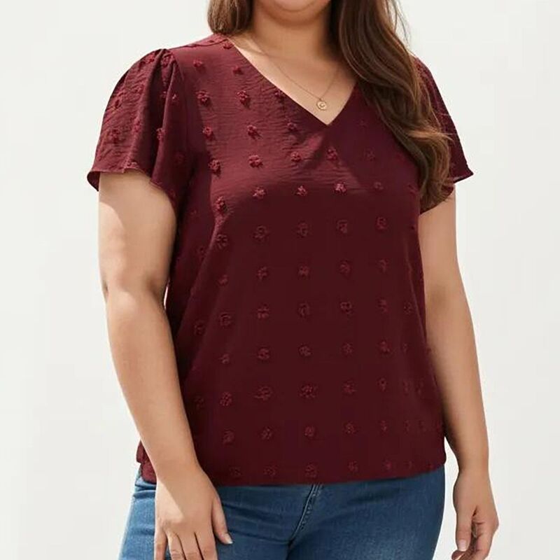 アンナカシ レディース トップス プルオーバー Vのど首 足し加える大きさ トップ Anna-Kaci Women\u0027s Plusize Short Sleeve V Neck Blouse with Textured Swiss Dot Fabric Lightweight Woven Top Burgundy バーガンディ