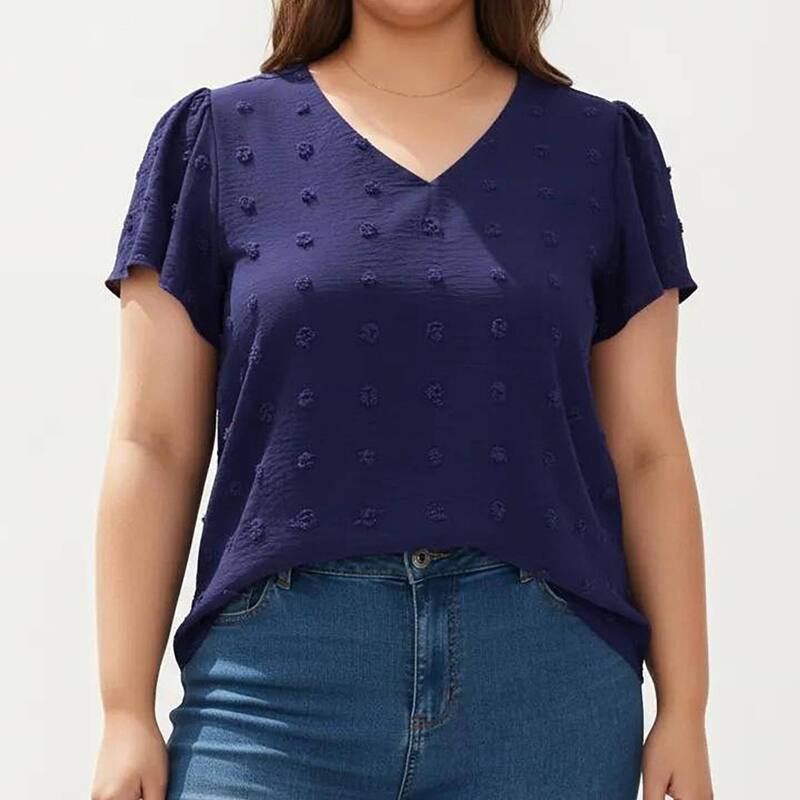アンナカシ レディース トップス プルオーバー Vのど首 足し加える大きさ トップ Anna-Kaci Women\u0027s Plusize Short Sleeve V Neck Blouse with Textured Swiss Dot Fabric Lightweight Woven Top Navy 米国海軍