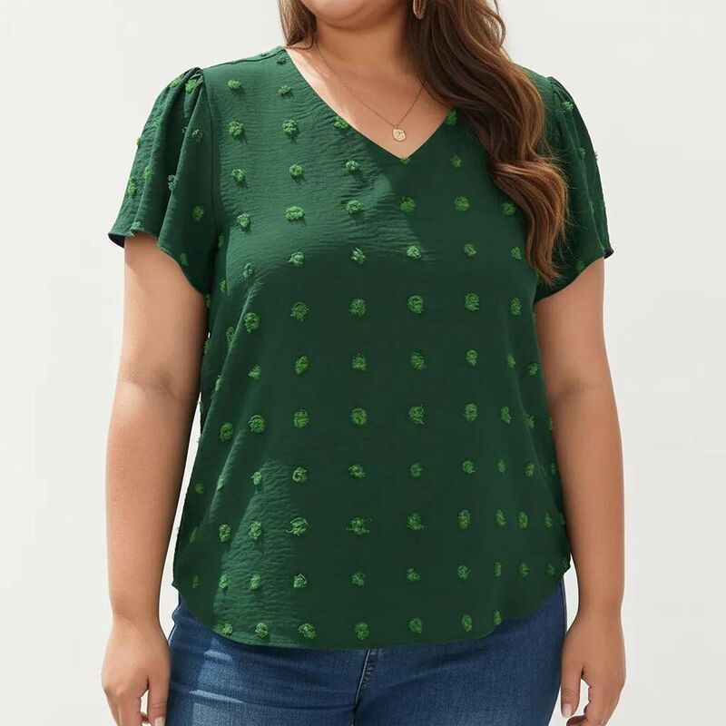 アンナカシ レディース トップス プルオーバー Vのど首 足し加える大きさ トップ Anna-Kaci Women\u0027s Plusize Short Sleeve V Neck Blouse with Textured Swiss Dot Fabric Lightweight Woven Top Olive Green 緑であること