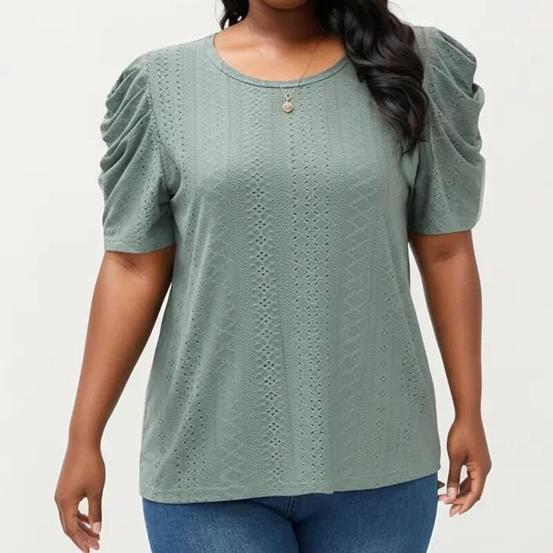 アンナカシ レディース トップス Tシャツ クルーネック プラスサイズ ニット Anna-Kaci Women's Plusize Short Sleeve Knitop with Puff Sleeves Textured Pattern Crew Neck Relaxed Shirt Green グリーン|ReVida 店