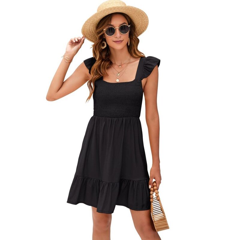 イエスファッション レディース トップス ワンピース フリル ミニ シャーリング Yesfashion Women'summeruffle Sleeve Dressesmocked Square Neck Tie Back Boho Flowy Casual Mini Dress Black ブラック|ReVida 店