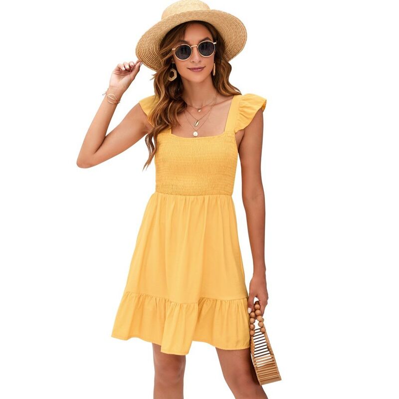イエスファッション レディース トップス ワンピース フリル ミニ シャーリング Yesfashion Women'summeruffle Sleeve Dressesmocked Square Neck Tie Back Boho Flowy Casual Mini Dress Yellow イエロー|ReVida 店