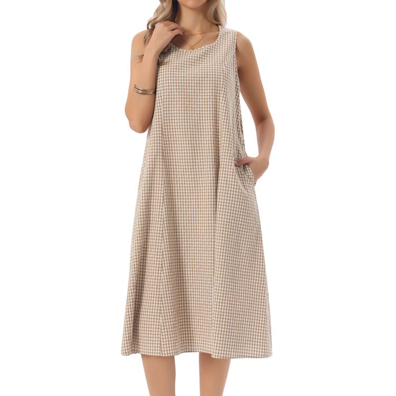 インスパイア シック レディース トップス ワンピース ノースリーブ マキシ INSPIRE CHIC Women's Plaid Sleeveless Dresses Casualoose Fitank Maxi Dress with Pocketsummer Outfits Brown ブラウン|ReVida 店