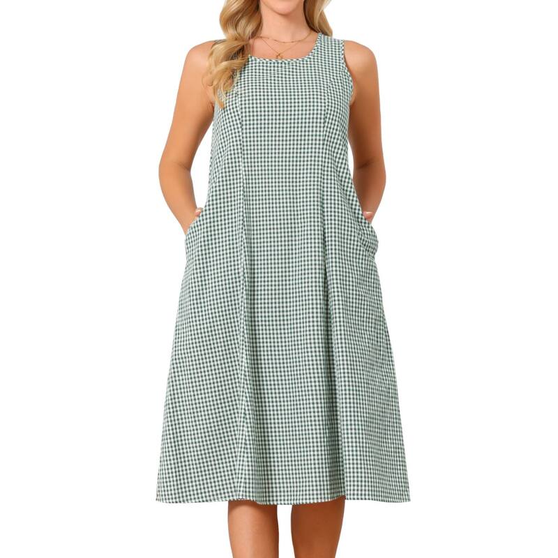 インスパイア シック レディース トップス ワンピース ノースリーブ マキシ INSPIRE CHIC Women\'s Plaid Sleeveless Dresses Casualoose Fitank Maxi Dress with Pocketsummer Outfits Green グリーン|ReVida 店