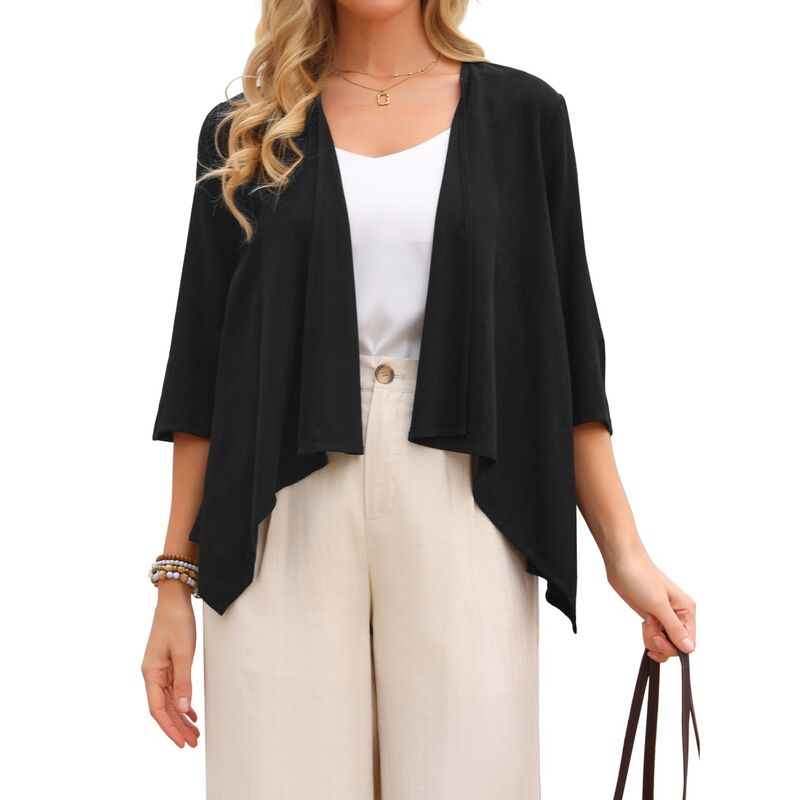 インスパイア シック レディース アウター ニット・セーター カーディガン リネン INSPIRE CHIC Women's Linen Cardigan 3/4 Sleeve Open Front Loose Cover Ups Lightweight Shrug Black ブラック|ReVida 店