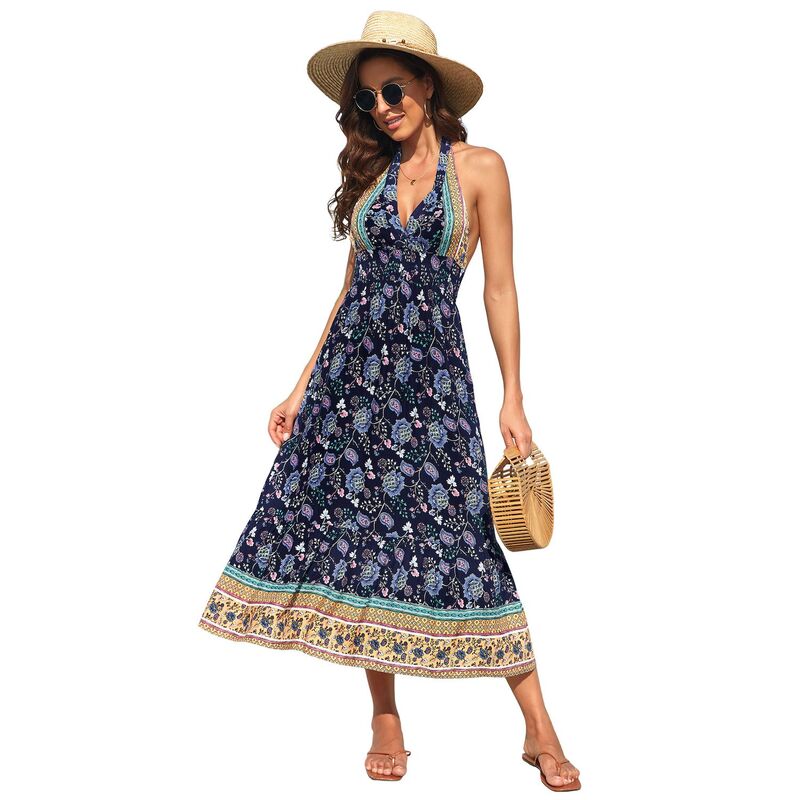 エリートスピリット レディース トップス ワンピース Vネック 背中開き フラワー柄 マキシ フラワー ホルター EliteSpirit Women Halter Deep V Neck Floral Backless Flowy Maxi Dress Vacation Boho Sundress Blue ブルー｜ReVida 店