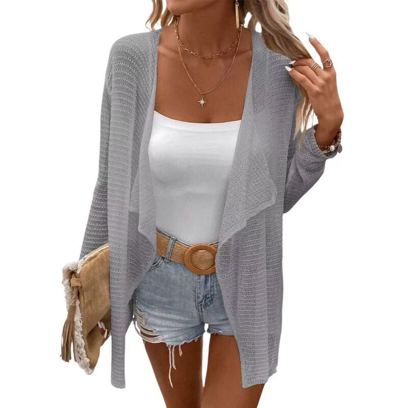 クリアフラワー レディース アウター ニット・セーター メッシュ シャツ カーディガン コート ClearFlower Womens Lightweight Cardigan Long Sleeve Open Front Lapel Shawl Mesh Crochet Sweater Shirts Coats Light Grey グレー｜ReVida 店