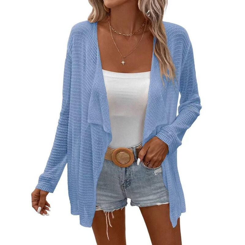 クリアフラワー レディース アウター ニット・セーター メッシュ シャツ カーディガン コート ClearFlower Womens Lightweight Cardigan Long Sleeve Open Front Lapel Shawl Mesh Crochet Sweater Shirts Coatsky Blue ブルー｜ReVida 店