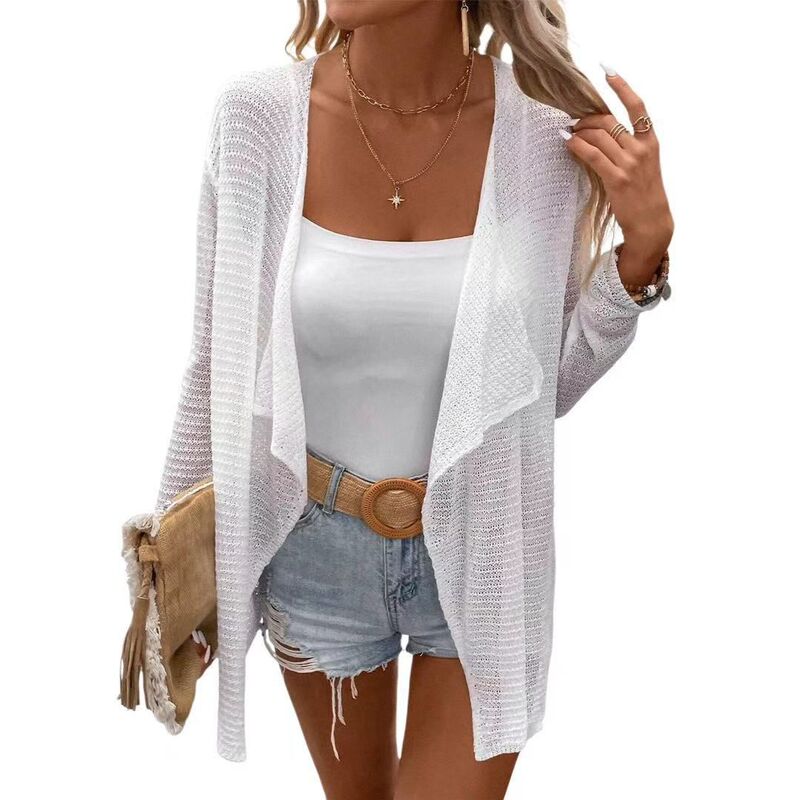 クリアフラワー レディース アウター ニット・セーター メッシュ シャツ カーディガン コート ClearFlower Womens Lightweight Cardigan Long Sleeve Open Front Lapel Shawl Mesh Crochet Sweater Shirts Coats White ホワイト｜ReVida 店