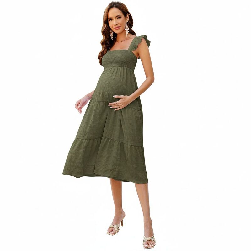 セオリア レディース トップス ワンピース A ライン フリル ミディ Seoria Women Casual Ruffle Strap Dress Midi Flowy A Line Sundress Army Green グリーン｜ReVida 店