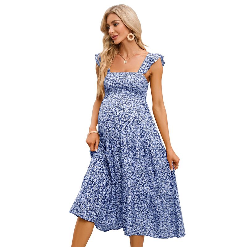 セオリア レディース トップス ワンピース A ライン フリル ミディ Seoria Women Casual Ruffle Strap Dress Midi Flowy A Line Sundress Blue Floral ブルー｜ReVida 店