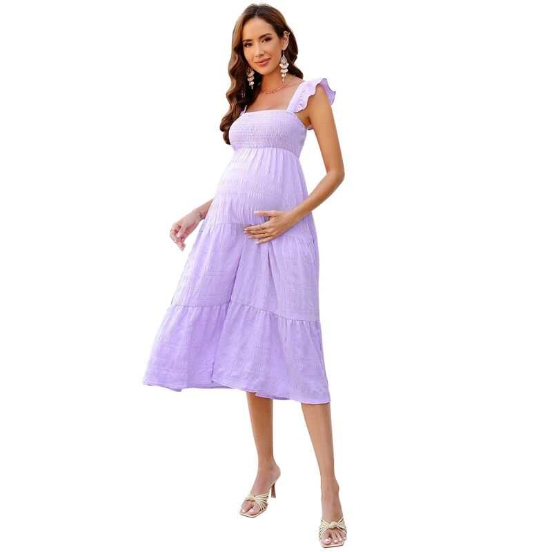 セオリア レディース トップス ワンピース A ライン フリル ミディ Seoria Women Casual Ruffle Strap Dress Midi Flowy A Line Sundress Light Purple パープル｜ReVida 店