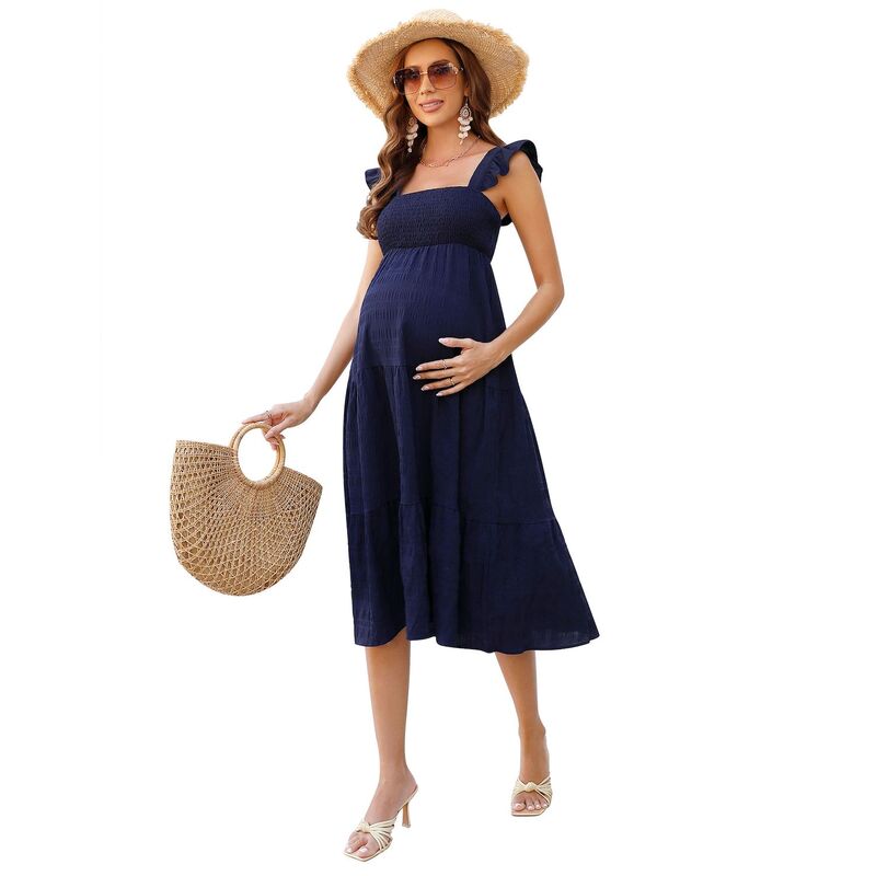 セオリア レディース トップス ワンピース A ライン フリル ミディ Seoria Women Casual Ruffle Strap Dress Midi Flowy A Line Sundress Navy Blue ネイビー｜ReVida 店