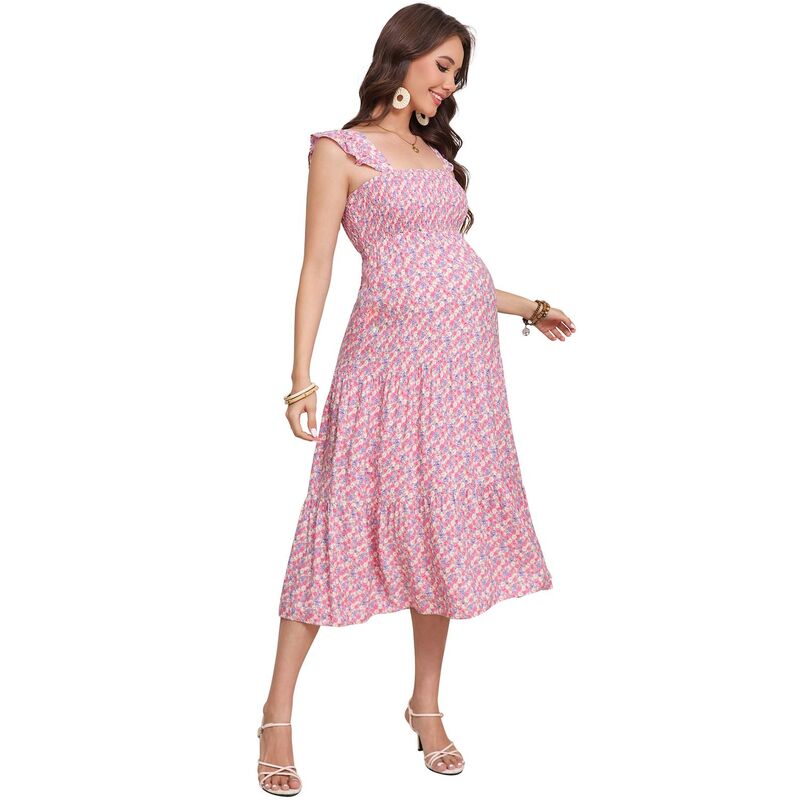セオリア レディース トップス ワンピース A ライン フリル ミディ Seoria Women Casual Ruffle Strap Dress Midi Flowy A Line Sundress Pink Flower ピンク｜ReVida 店