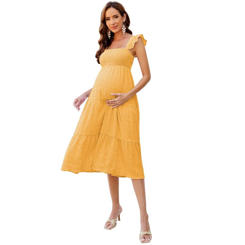 セオリア レディース トップス ワンピース A ライン フリル ミディ Seoria Women Casual Ruffle Strap Dress Midi Flowy A Line Sundress Yellow イエロー｜ReVida 店
