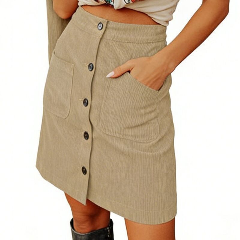 クリアフラワー レディース ボトムスカート コーデュロイ ひざ丈 ハイウエスト ClearFlower Women's Corduroy High-Waisted Button-Front Knee Length Casual Skirt Beige ベージュ｜ReVida 店