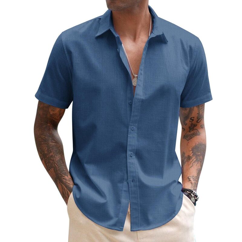 クーファンディ レディース トップス Tシャツ リネン COOFANDY Men's Linen Short Sleeve Businessummer Shirt Fitted Untucked Button Shirt Galaxy Blue ブルー|ReVida 店