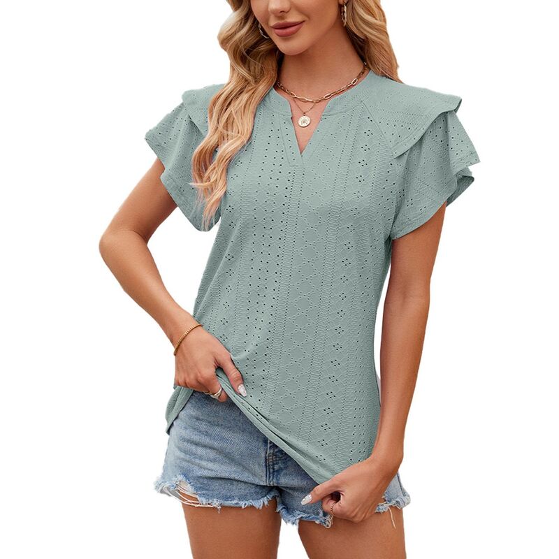 コジョイン レディース トップス シャツ Vネック フリル ブラウス Kojooin Boho Tops for Women Layered Ruffle Short Sleeve Shirts Notch V Neck Summer Casual Tunic Top Blouse Dark Green グリーン｜ReVida 店