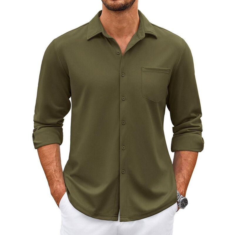 クーファンディ レディース トップス Tシャツ スリムフィット COOFANDY Mens Button Up Long Sleeve Shirts Wrinkle Free Shirtslim Fit Dresshirts Army Green グリーン|ReVida 店