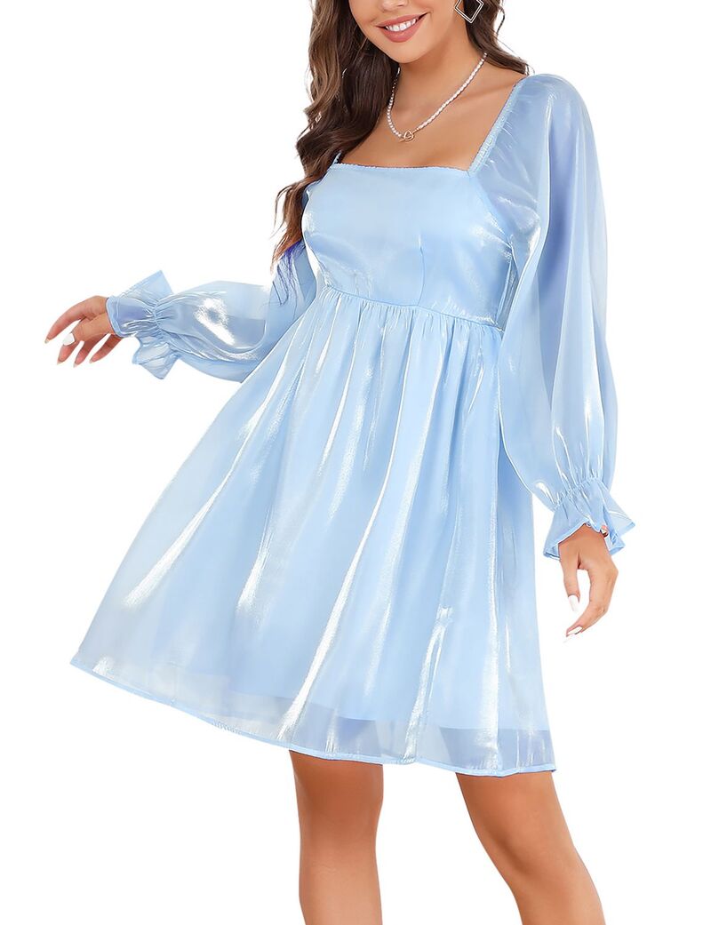 ファンジュライ レディース トップス ワンピース ミニ メッシュ FUNJULY Womensquare Neck Puff Sleeve Dress Babydoll Mesh MiniDress Blue ブルー｜ReVida 店