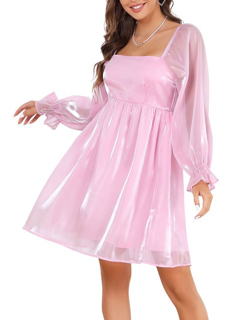 ファンジュライ レディース トップス ワンピース ミニ メッシュ FUNJULY Womensquare Neck Puff Sleeve Dress Babydoll Mesh MiniDress Light Purple パープル｜ReVida 店