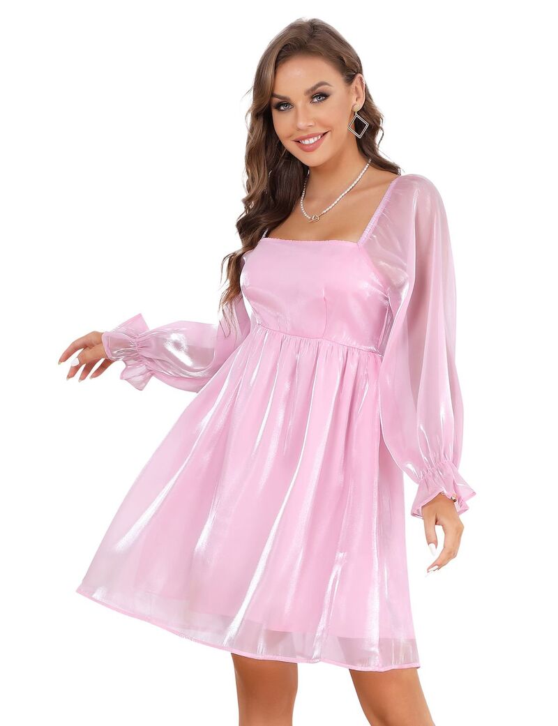 ファンジュライ レディース トップス ワンピース ミニ メッシュ FUNJULY Womensquare Neck Puff Sleeve Dress Babydoll Mesh MiniDress Pink ピンク｜ReVida 店