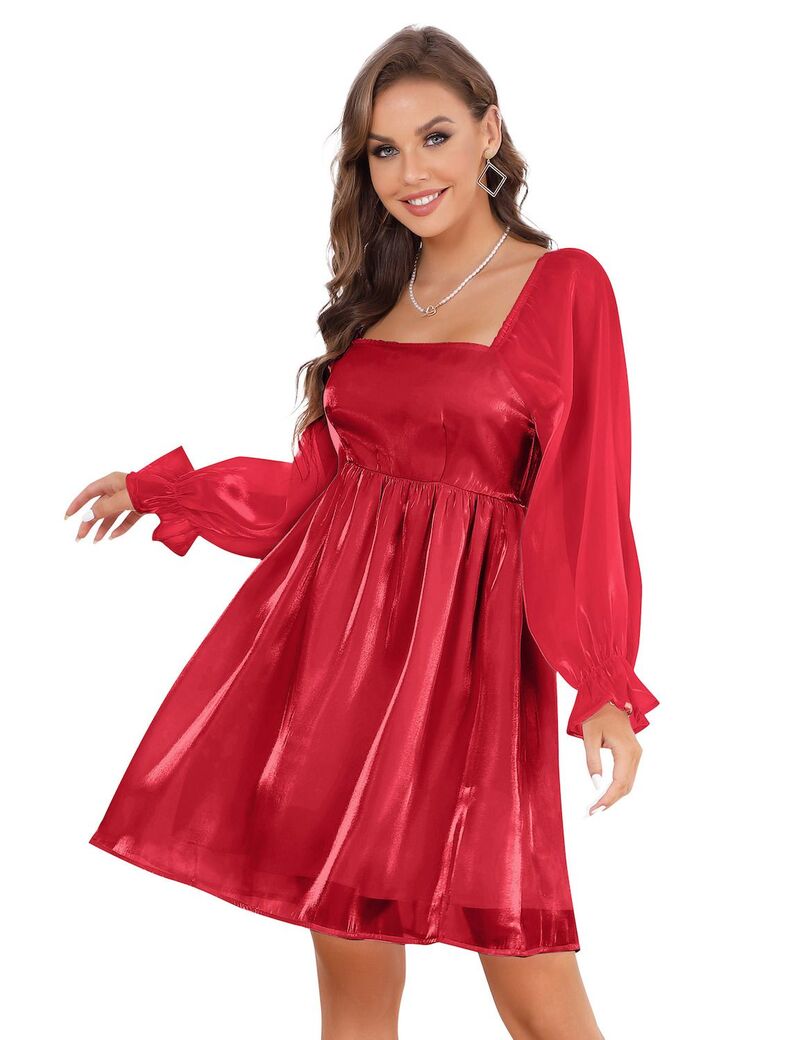 ファンジュライ レディース トップス 衣裳 ミニ メッシュ FUNJULY Womensquare Neck Puff Sleeve Dress Babydoll Mesh MiniDress Red Wine 赤いこと