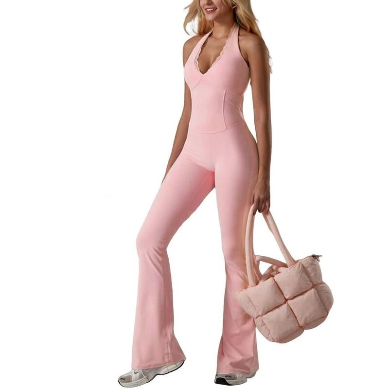 セオリア レディース トップス ワンピース Vネック レーストリム パンツ レース ジャンプスーツ ホルター Seoria Women Jumpsuit Yoga Solid Color V-Neck Lace Trim Halter Yoga Jumpsuit with Flared Pants Pink ピンク｜ReVida 店