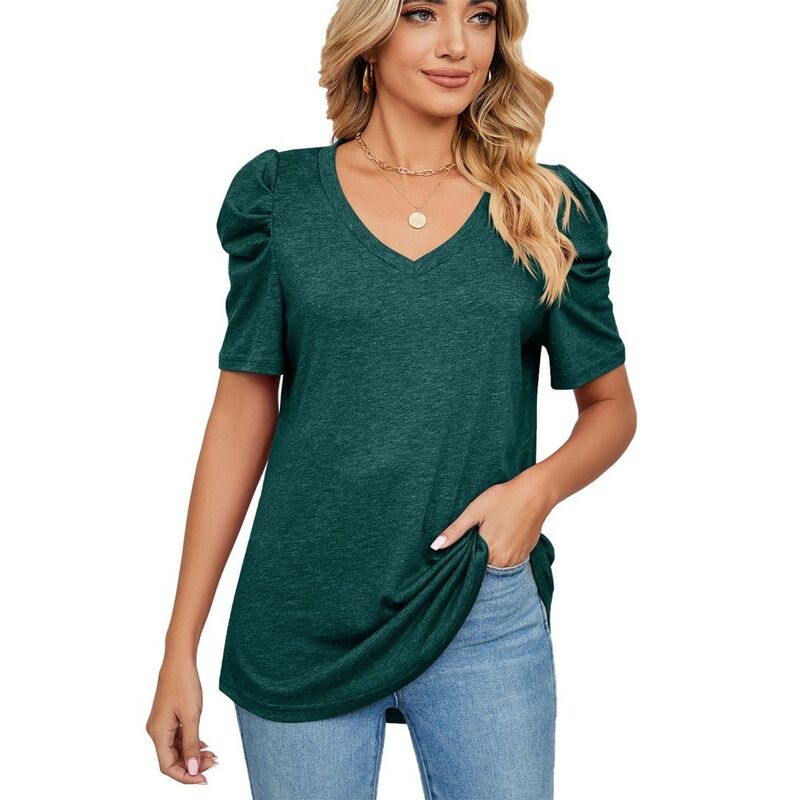 ボディサイズ レディース トップス Tシャツ Vネック ブラウス BODDYSIZE Womens Casual Blouse Boho Solid Color V Neck Tunic Topuff Short Sleeve T-shirts Dark Green グリーン｜ReVida 店