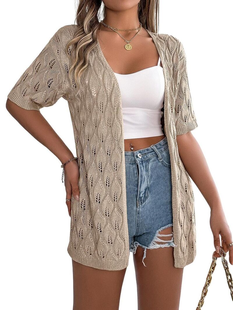 ファンジュライ レディース アウター ニット・セーター カーディガン FUNJULY Women's Open Front Hollow Out Short Sleeve Knit Cardigan Leaf Pattern Lightweight Cover Up Khaki カーキ|ReVida 店