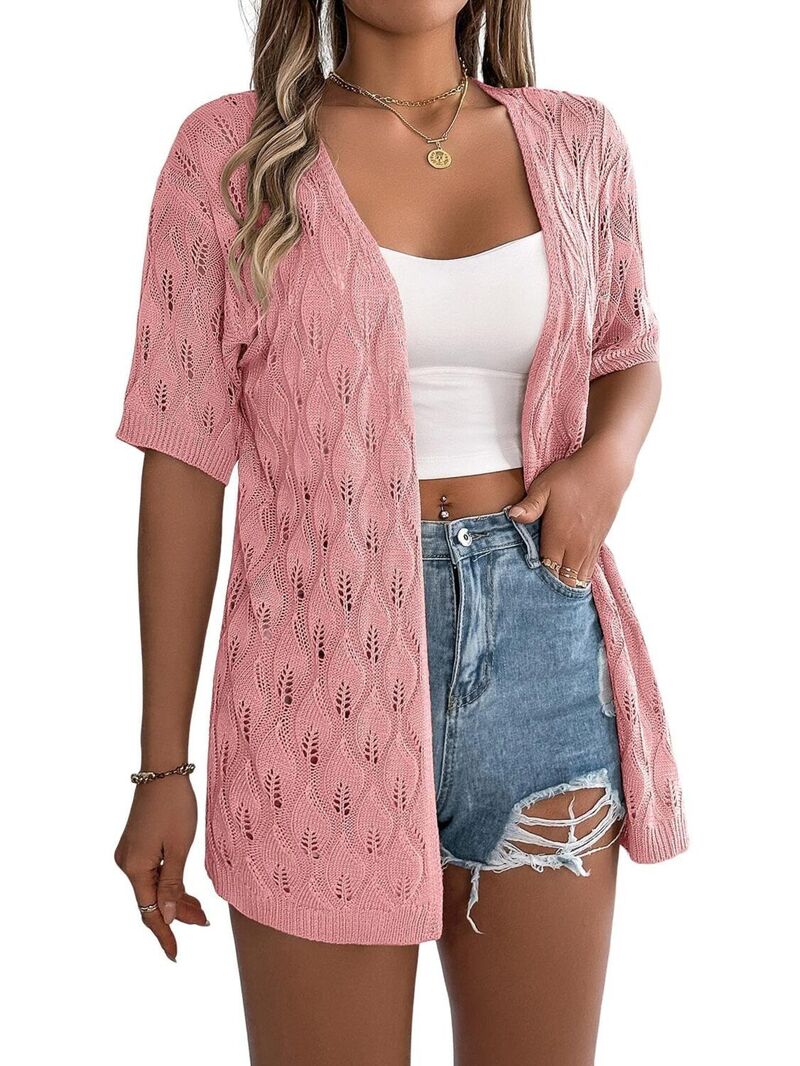ファンジュライ レディース アウター ニット・セーター カーディガン FUNJULY Women's Open Front Hollow Out Short Sleeve Knit Cardigan Leaf Pattern Lightweight Cover Upink ピンク|ReVida 店