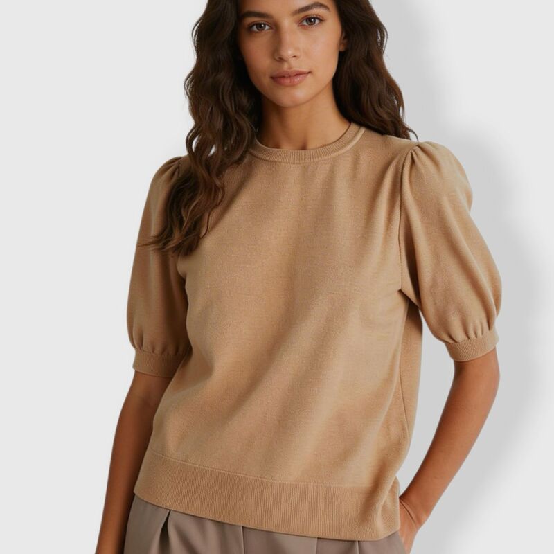 クリアフラワー レディース トップス シャツ バルーンスリーブ セーター ニット ClearFlower Women Round Neck Short Sleeve Sweater with Balloon Sleeves Casualantern Sleeve Textured Knitop Apricot アプリコット｜ReVida 店