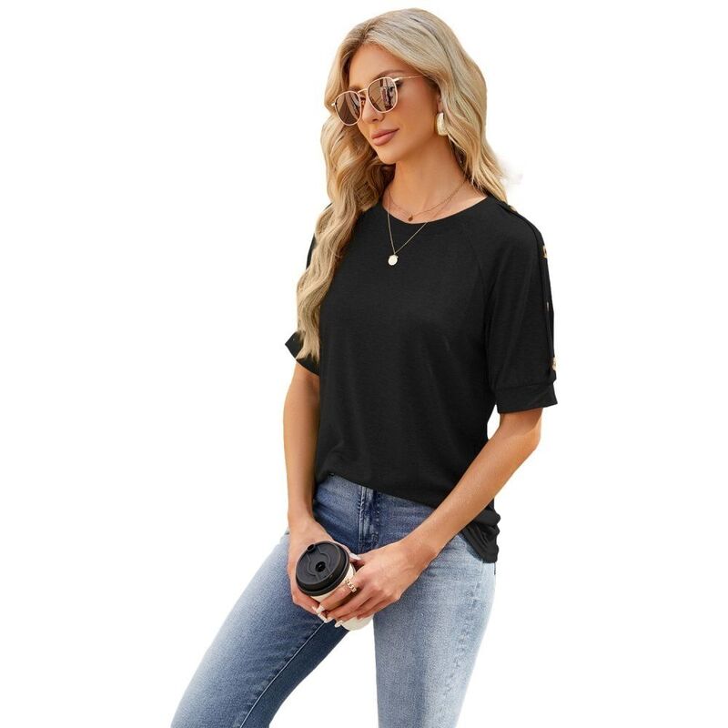 イエスファッション レディース トップス シャツ クルーネック ブラウス Yesfashion Women'short Sleeve Top with Button Crew Neck Blouse for Casual Office Wear Black ブラック|ReVida 店
