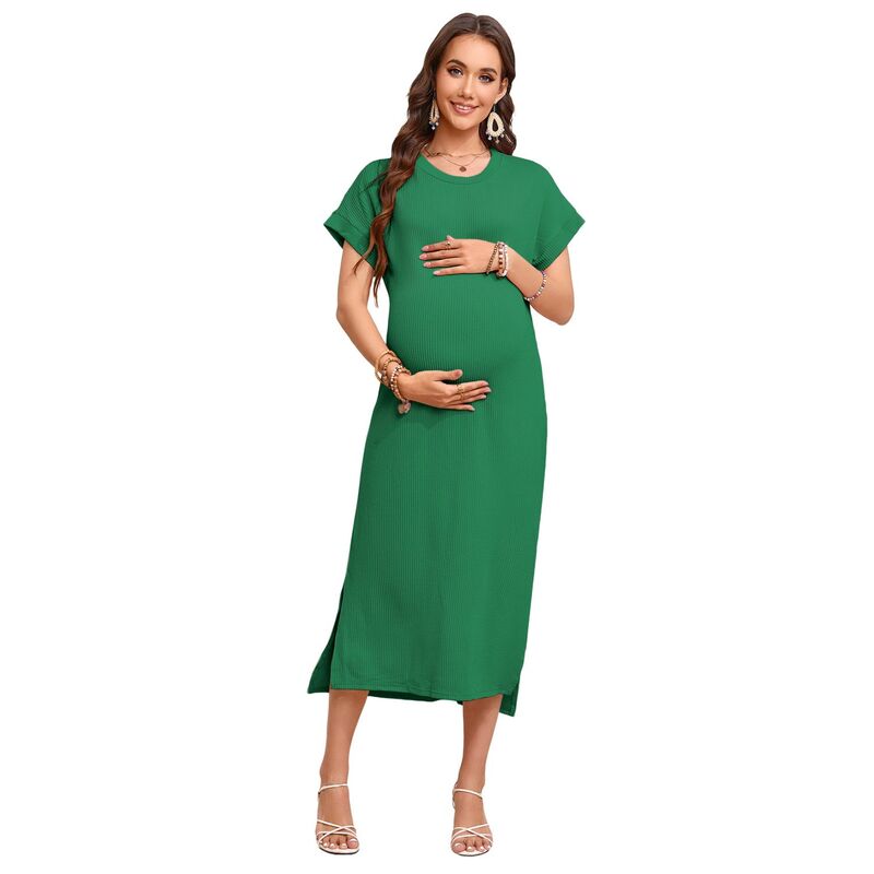 セオリア レディース トップス ワンピース マタニティ Seoria Shift Dress for Maternity Split Short Sleeve Women Clothes Green グリーン|ReVida 店