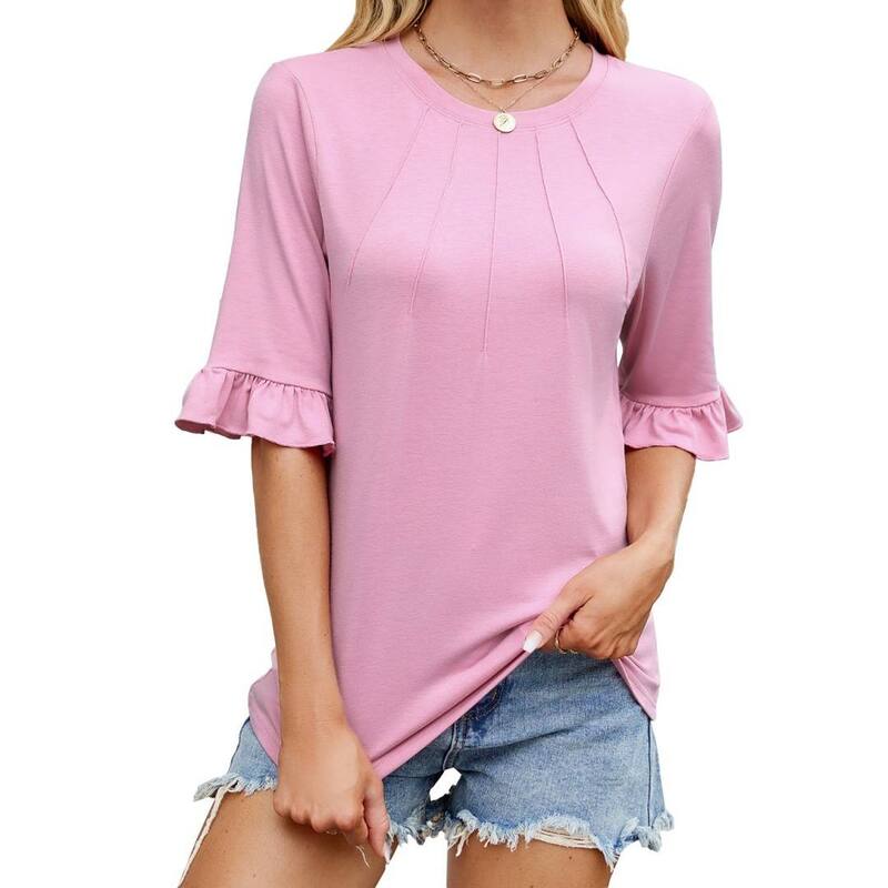 ボディサイズ レディース トップス シャツ プリーツ フリル ブラウス BODDYSIZE Women 3/4 Length Sleeve Tops Dressy Casual Shirts Ruffle Bell Sleeve Front Pleated Summer Blouses Pink ピンク|ReVida 店