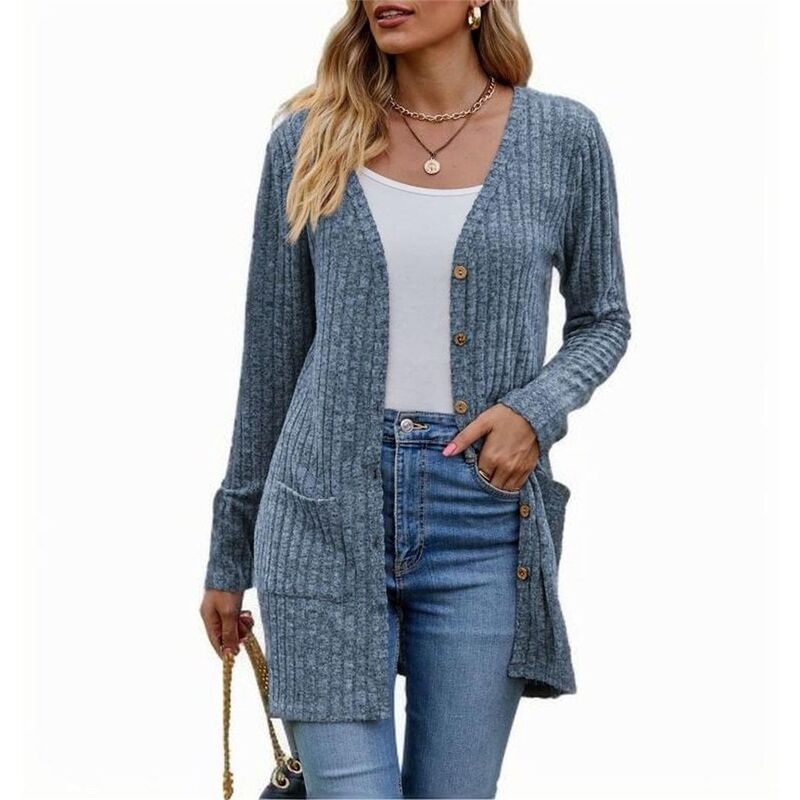 コジョイン レディース アウター ニット・セーター ボタンダウン カーディガン ダウン Kojooin Women's Long Button Down Knit Cardigan with Pockets Light Blue ブルー|ReVida 店