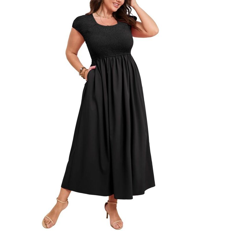 イエスファッション レディース トップス ワンピース プラスサイズ ミディ シャーリング Yesfashion Women\'s Plusize Square Neck Dress Casual Dressy Short Sleeve Smocked Midi Flaredress Black ブラック｜ReVida 店