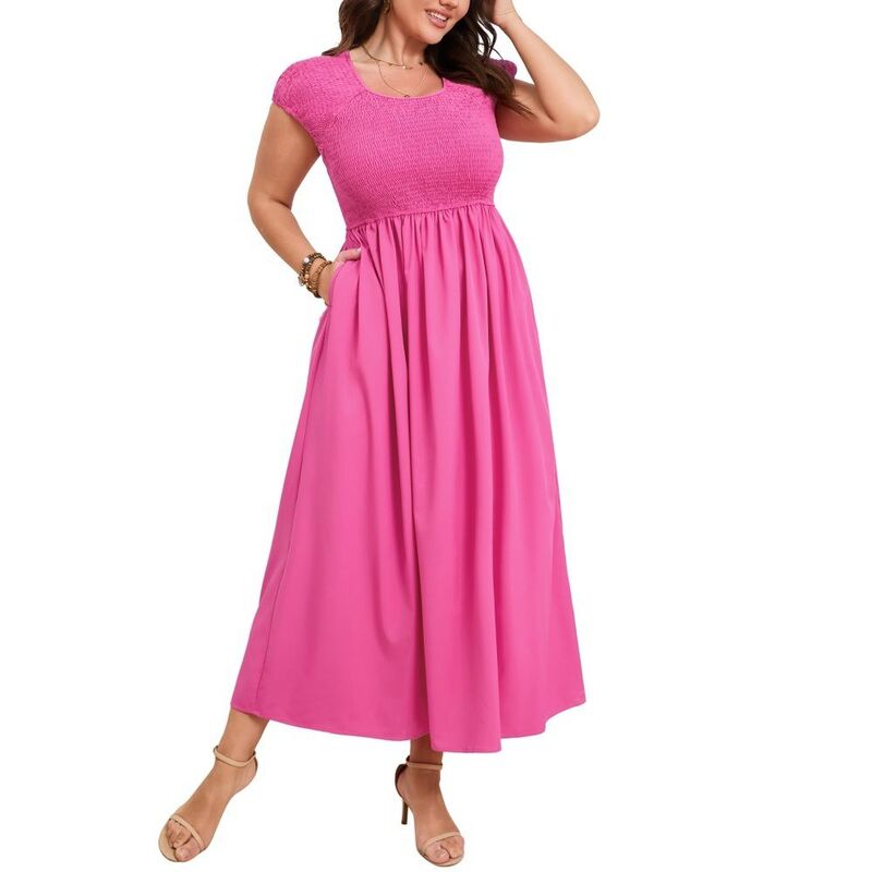 イエスファッション レディース トップス ワンピース プラスサイズ ミディ シャーリング Yesfashion Women\'s Plusize Square Neck Dress Casual Dressy Short Sleeve Smocked Midi Flaredress Rose Red レッド｜ReVida 店