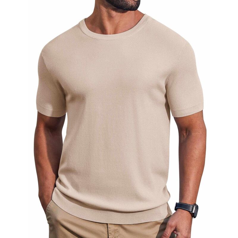 クーファンディ レディース トップス Tシャツ クルーネック リブ セーター ニット COOFANDY Men' T- Shirtshort Sleeve Knit Sweater Shirt Casual Crewneck Ribbed Pullover Tees Apricot アプリコット|ReVida 店