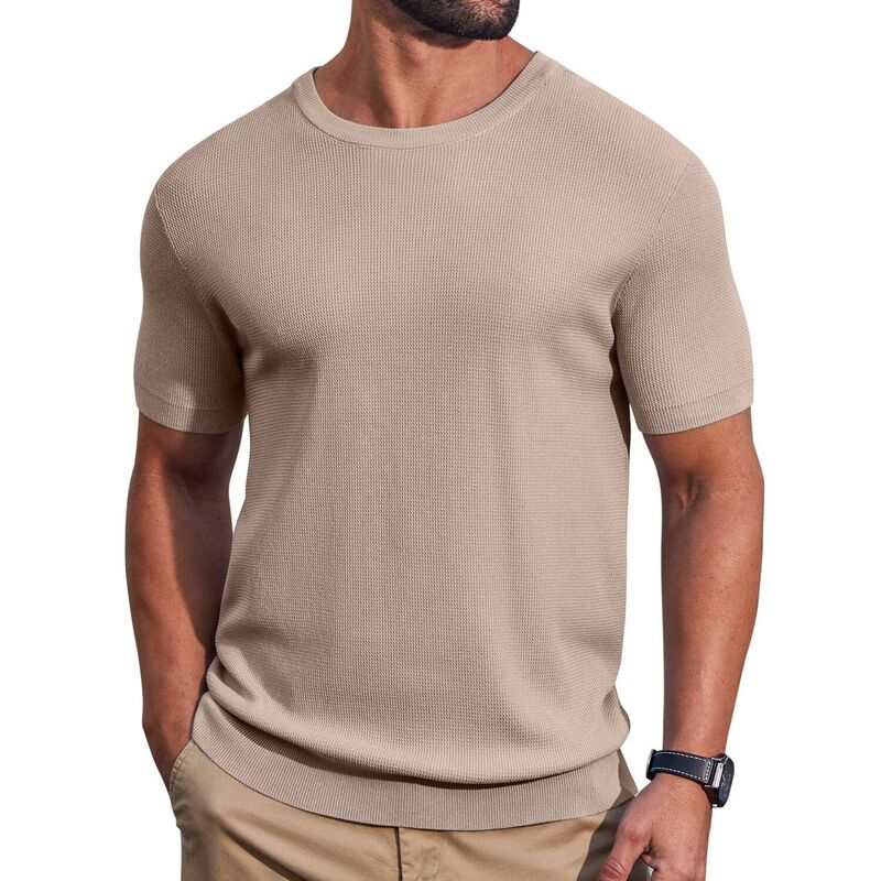 クーファンディ レディース トップス Tシャツ クルーネック リブ セーター ニット COOFANDY Men' T- Shirtshort Sleeve Knit Sweater Shirt Casual Crewneck Ribbed Pullover Tees Khaki カーキ｜ReVida 店